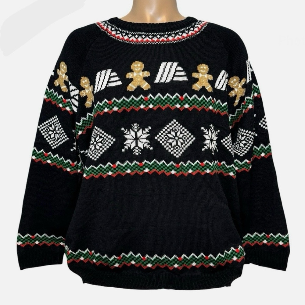 Festive Black Sweater with Gingerbread Pattern